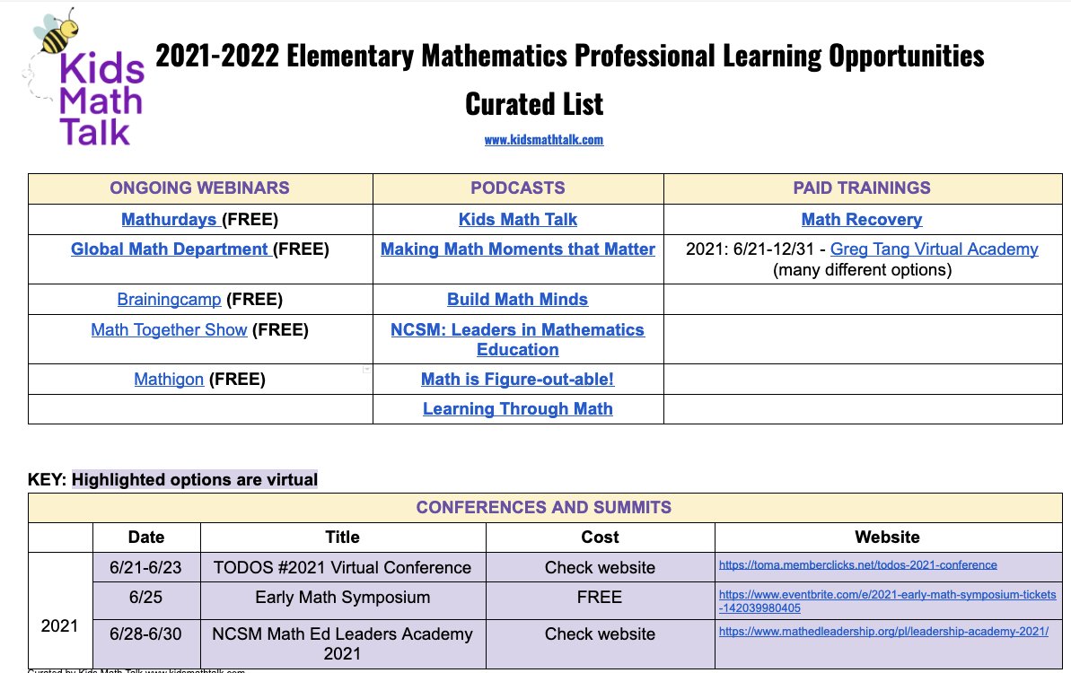 Check out this doc for a curated list of professional learning happening the end of this month and beyond! Let me know if you have suggestions for this list! docs.google.com/document/d/1Ng… #mathed #mtbos #iteachmath #ElemMathchat