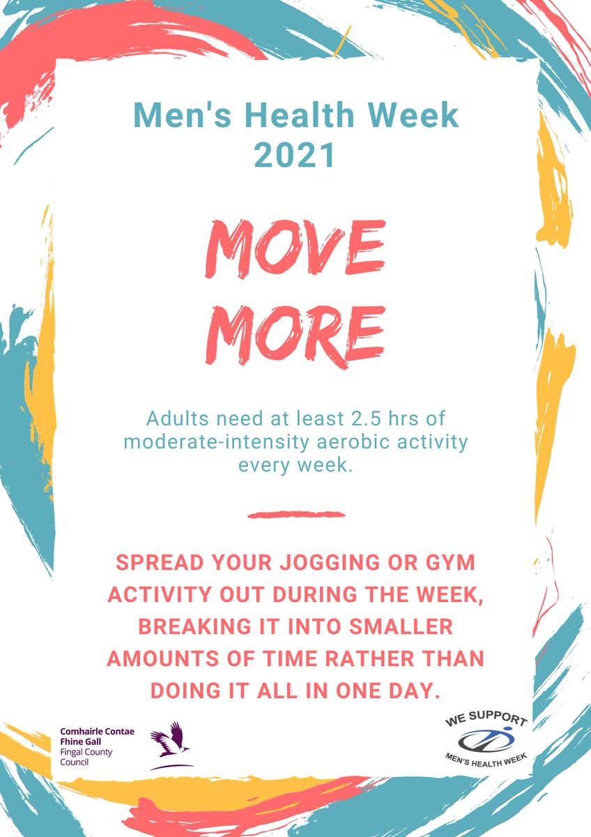 FingalSports's tweet image. Men’s Health Week starts today.
The aims are to:
Heighten awareness of preventable health problems for males of all ages.
Support men and boys to engage in healthier lifestyle choices / activities.
Encourage the early detection and treatment of health difficulties in males.