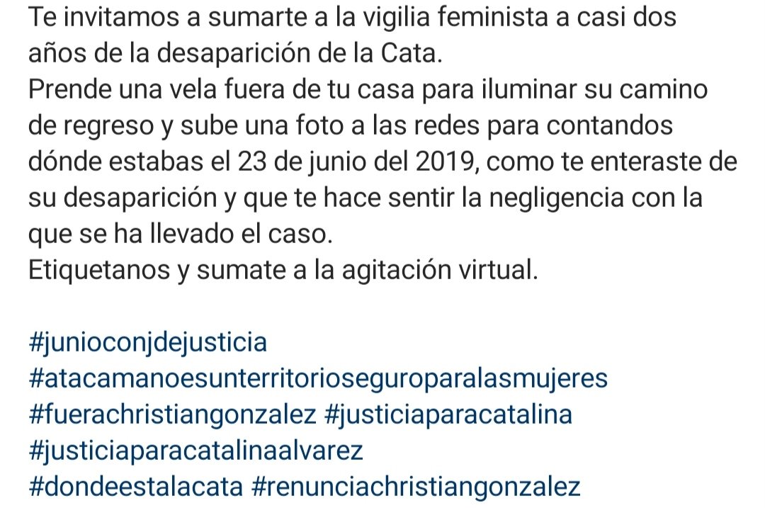 Te invitamos a sumarte a la vigilia feminista a casi dos años de la desaparición de la Cata.

#junioconjdejusticia
#atacamanoesunterritorioseguroparalasmujeres
#fuerachristiangonzalez
#dondeestalacata
#udemahistorico