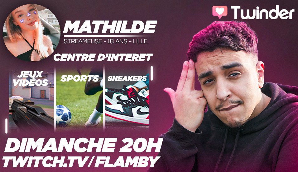 OMGGGGG CE DIMANCHE 20H

Venez tenter votre chance afin de séduire <a href="/Apriloow/">A.P</a> 

Qui sera le futur champion de Twinder ? 

Les candidatures sont ouvertes, envoyez-moi un DM pour participer.