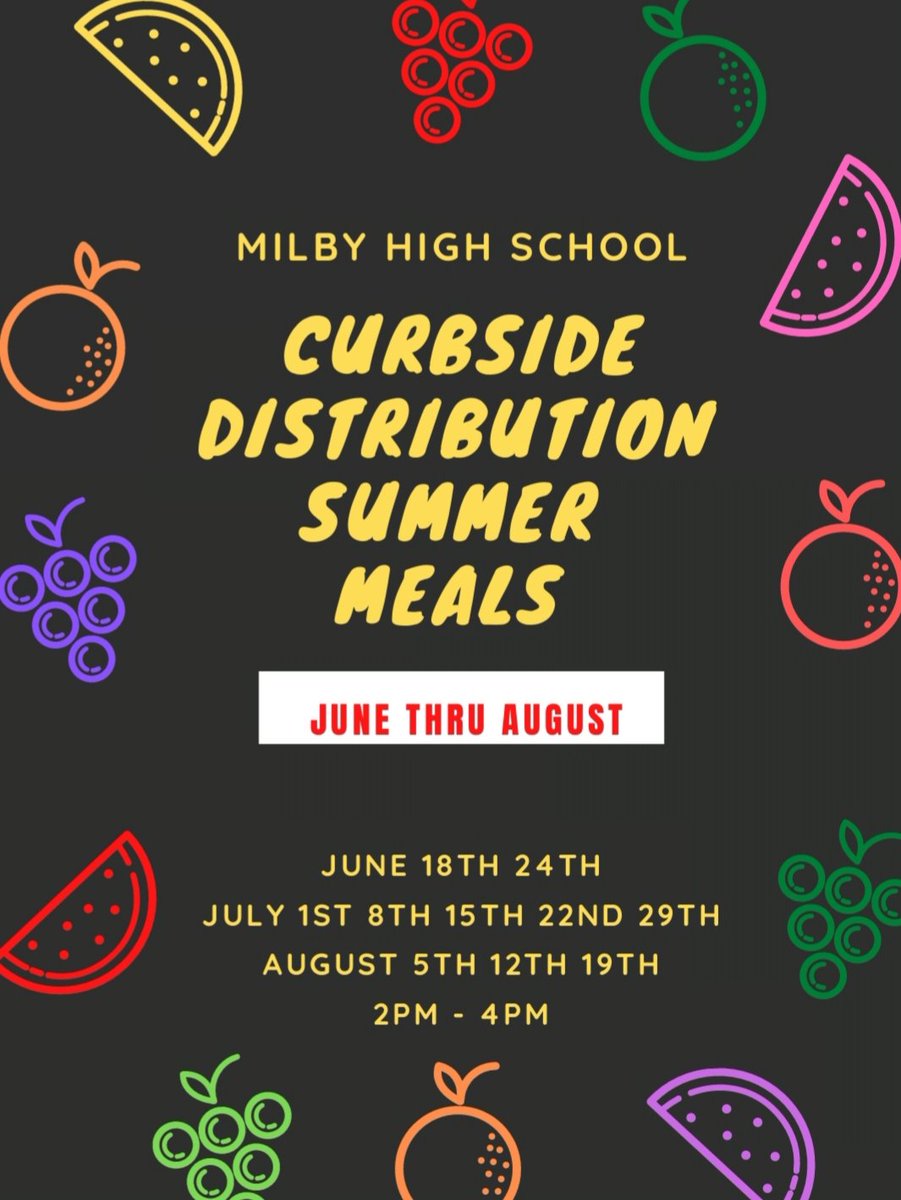 💙MILBY LOVE💛 Past, Present & Future! (@milbylove) on Twitter photo 🍉🍊CURBSIDE DISTRIBUTION SUMMER MEALS <a href="/Milby_HS/">Charles Milby High School</a> 🍉🍊
🕰 2pm -4pm
📆 JUNE 18th, 24th
📆 JULY 1st 8th 15th 22nd 29th
📆AUGUST 5th, 12th, 19th
<a href="/rpena3kr/">RPENA</a>
@CishWow
<a href="/MrGuzmanHISD/">Johnatan Guzman</a> 
@HISDNutri 
@Ponce_East @HISDEastArea 
<a href="/MichaelMWalter/">Michael Walter</a> 
<a href="/MissionMilby/">Mission Milby CDC</a> 
<a href="/milbylibrary/">Milby HS Library ♥️📚📖 📝🌱🌎🌳✌️🦋♻️🐱🐶</a> 
<a href="/HonorMilby/">Milby History Honor Society</a> 🍉🍊CURBSIDE DISTRIBUTION SUMMER MEALS <a href="/Milby_HS/">Charles Milby High School</a> 🍉🍊
🕰 2pm -4pm
📆 JUNE 18th, 24th
📆 JULY 1st 8th 15th 22nd 29th
📆AUGUST 5th, 12th, 19th
<a href="/rpena3kr/">RPENA</a>
@CishWow
<a href="/MrGuzmanHISD/">Johnatan Guzman</a> 
@HISDNutri 
@Ponce_East @HISDEastArea 
<a href="/MichaelMWalter/">Michael Walter</a> 
<a href="/MissionMilby/">Mission Milby CDC</a> 
<a href="/milbylibrary/">Milby HS Library ♥️📚📖 📝🌱🌎🌳✌️🦋♻️🐱🐶</a> 
<a href="/HonorMilby/">Milby History Honor Society</a>