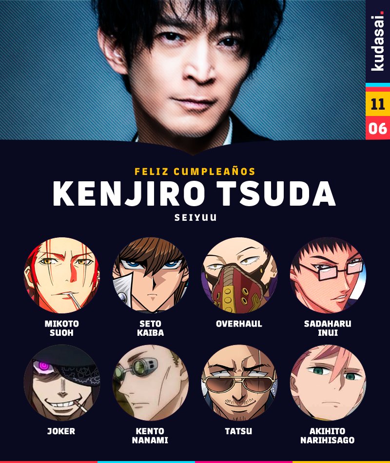 animetrends's tweet photo. El 11 de junio celebramos el cumpleaños del actor de voz y narrador Kenjirou Tsuda, reconocido por roles como Seto Kaiba en "Yu-Gi-Oh!", Overhaul en "Boku no Hero Academia" y Tatsu en "Gokushufudou". #津田健次郎 #津田健次郎誕生祭2021 https://t.co/o9N889guaW
