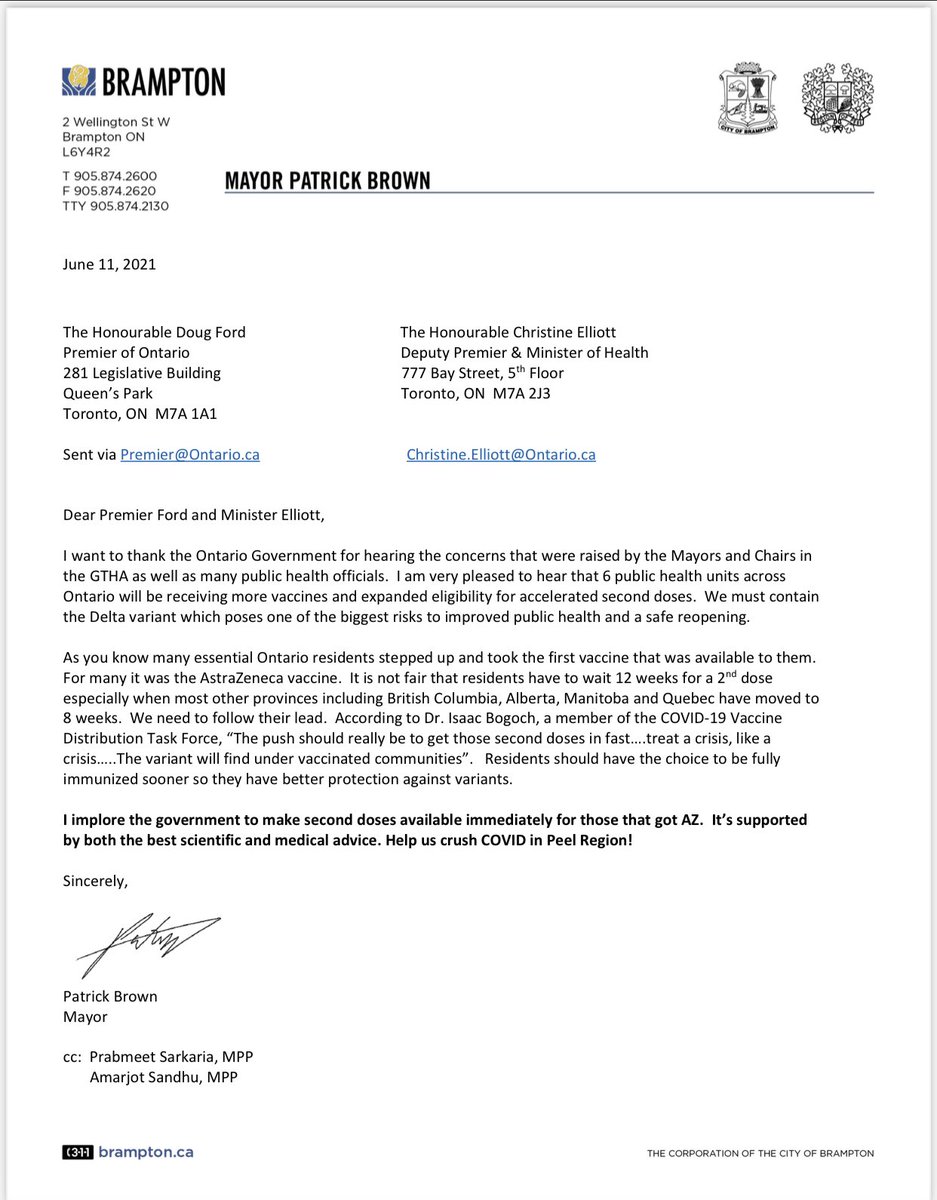 Wrote the <a href="/ONgov/">Ontario Government</a> with a request to make #mRNA 2nd doses available in #DeltaVariant hot spots after 8 weeks rather than the current 12 week period for those that got #AZ. Our residents shouldn’t be disadvantaged because they stepped up &amp; took their first vaccine available to them.