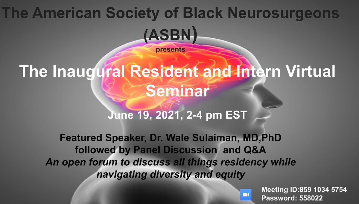 amsobns's tweet image. On Saturday June 19th, ASBN is hosting a virtual seminar for Black neurosurgery faculty, interns, and residents to discuss all things residency and navigating gaps in diversity and equity within the field. Come join us for an open and transparent conversation!
#neurosurgery #nsgy
