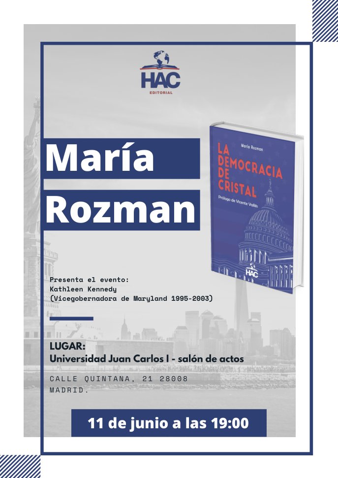 Esta misma tarde, <a href="/KKT_Kennedy/">Kathleen Kennedy Townsend</a> participa en la presentación del libro de <a href="/MariaRozman/">Maria Rozman</a> #LaDemocraciaDeCristal en la <a href="/urjc/">URJC</a> con @hac_editorial y prólogo de <a href="/VicenteVallesTV/">Vicente Vallés</a>.

Los mejores deseos, de parte de todo el equipo del #SYLO
Led by <a href="/JuanPatricio_PG/">Juan Patricio Peñalver 🌍🌱</a> 
Powered by <a href="/ICL_Foundation/">ICL Foundation</a>