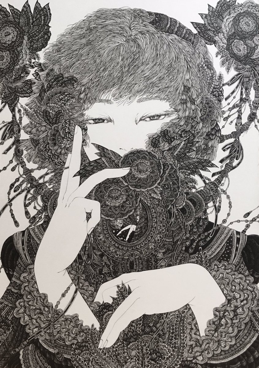 工藤沙由美 S Tweet 完成 今回ちょっと急ぎました 間に合うかドキドキした 踊る月 A3 297 4mm ペン イラストボード 21 ペン画 細密画 細密 線画 線 工藤沙由美 女性 絵 アート ドローイング イラスト モノクロ 白黒 デリータ 絵描きさんと