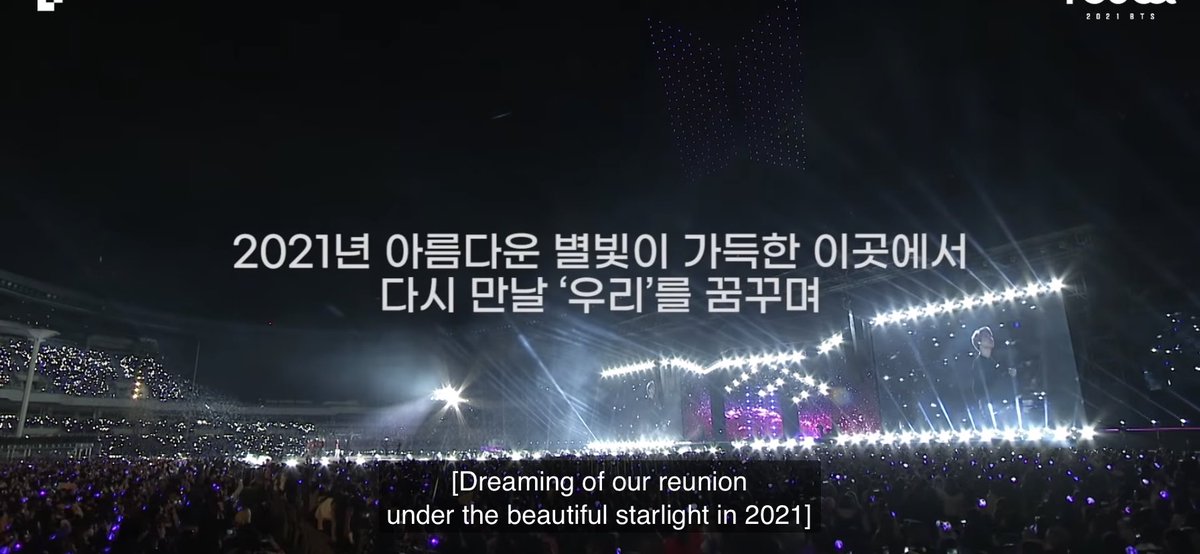 Jeongguklogy's tweet photo. Como hacer llorar a ARMY en un segundo:

"El momento que más brillaba cuando tú y yo nos convertimos en "nosotros".

"Soñando con nuestro reencuentro bajo la hermosa luz de las estrellas en 2021". @BTS_twt https://t.co/MkuagLLEAc