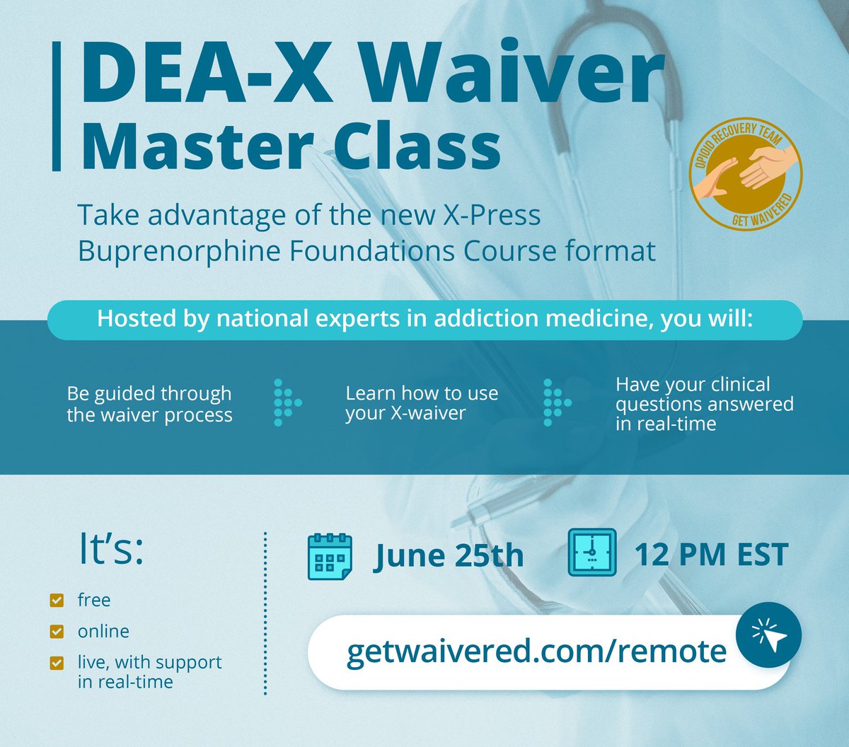 #CliniciansWhoLunch

There are still spots left for our 8-min lunchtime X-waiver webinar on Friday, June 25th 💻

RSVP today at getwaivered.com/remote