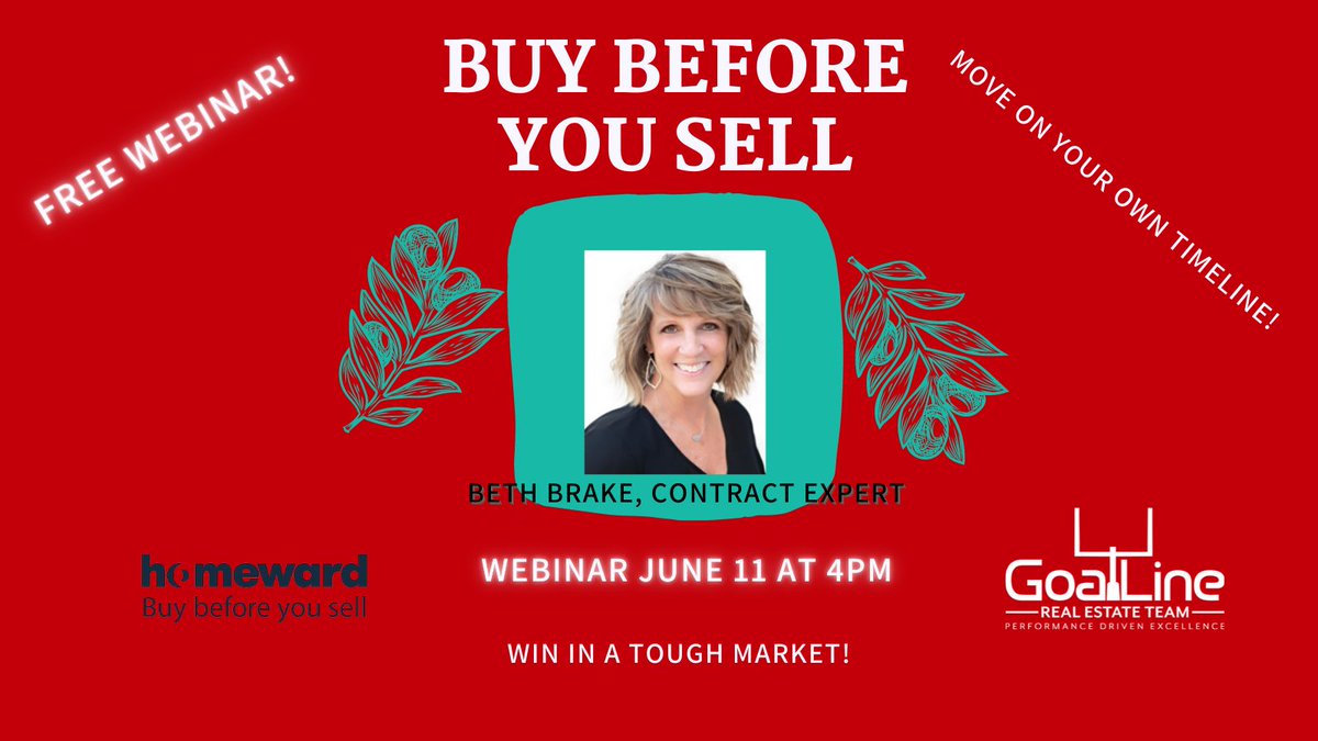GoalLineRE's tweet image. Join me this afternoon, June 11th at 4 pm for a free webinar! I will tell you how to buy your dream home before you sell your current house! 
Join Zoom Meeting:
us04web.zoom.us/j/6788053002...
Meeting ID: 678 805 3002
Passcode: d9Jf3J
#bethbrake #goallinerealestate