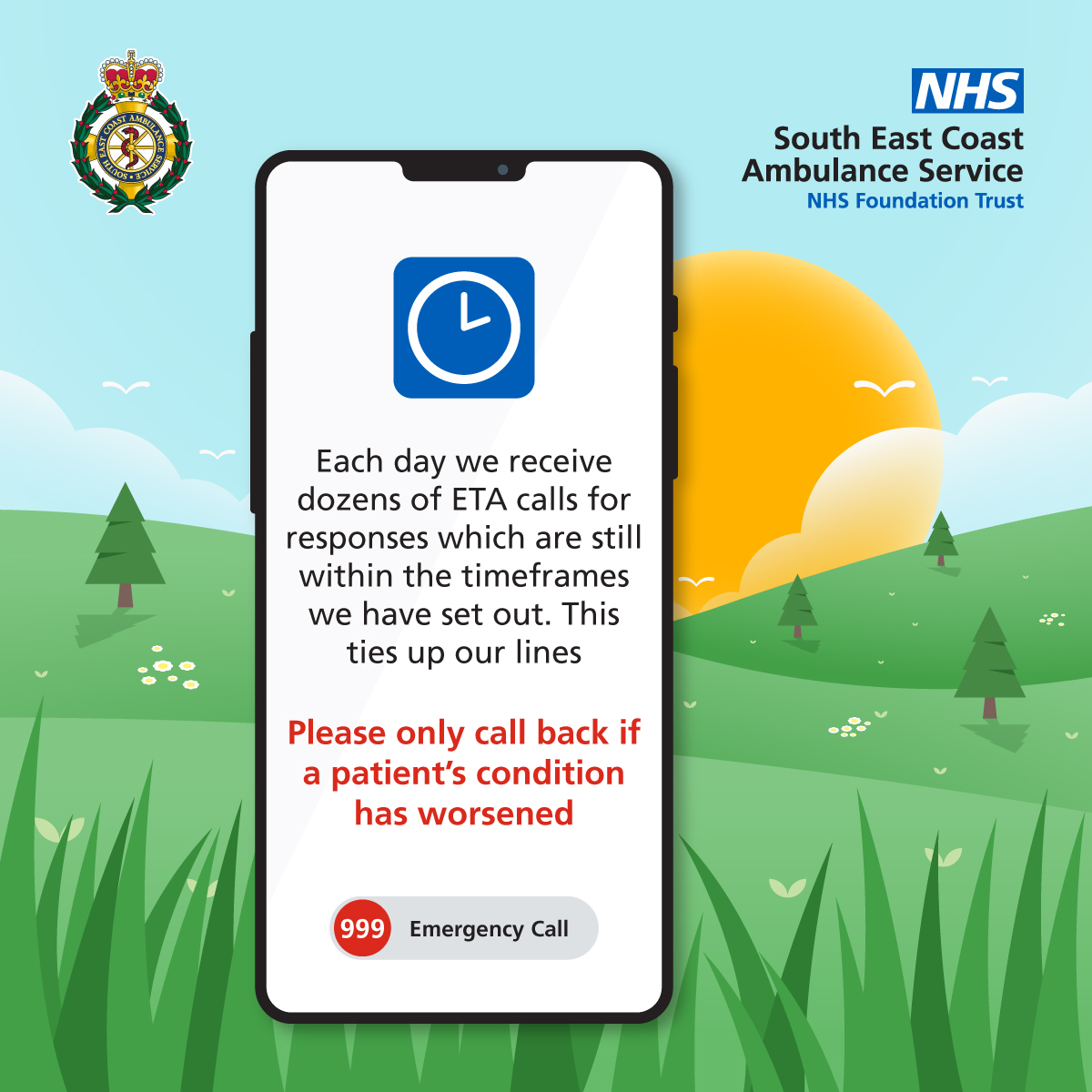 It's been a really busy day today &amp; we continue to be busy this evening. If you've  phoned for an ambulance, we can't tell you how long it will take to arrive so please don't ring back for an ETA - you only need to call us if your condition changes significantly