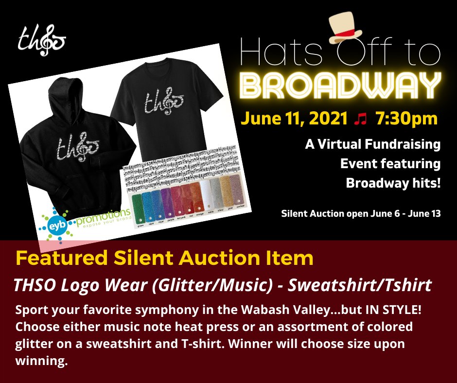 THSO1's tweet photo. The silent auction is OPEN for Hats Off to Broadway! Check out one of our featured auction items, THSO logo wear with music note or glitter heat press from @eybpromotions!  You must have a virtual performance ticket to bid. Browse the auction here:  https://t.co/E5JbYFws0i https://t.co/5muEpqhcQV