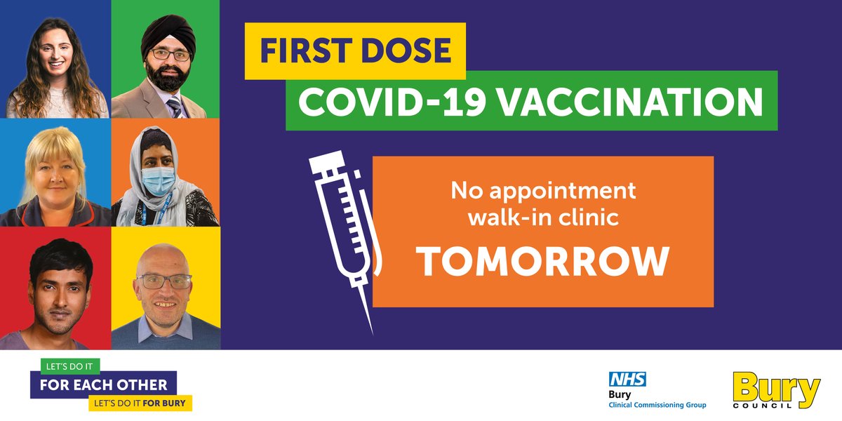 BuryCouncil's tweet photo. First dose Pfizer appts Sat 12 Jun 8.30am-6pm
Ramsbottom Vaccination Centre BL0 9AJ
For eligible people 18+ who have not had their 1st dose
Book➡️
https://t.co/oSS7qfTRkH
OR drop-in, no appt ‼️1st come 1st served(12 Jun only)‼️
Unsure if eligible? Come &amp; have a chat👍
@NHSBuryCCG https://t.co/9Q6I9jN582
