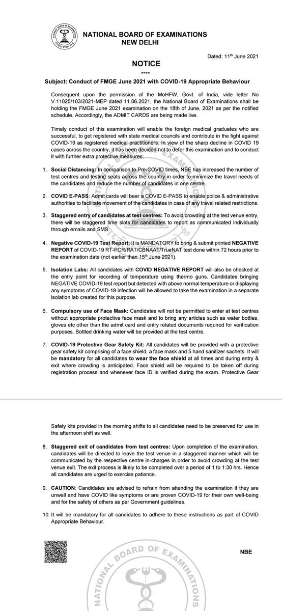 NBE issues advisory on use of COVID Appropriate Behaviour and extra precautionary measures for the safe conduct of FMGE Examination on 18th June 2021 <a href="/MoHFW_INDIA/">Ministry of Health</a> <a href="/PIB_India/">PIB India</a> <a href="/ANI/">ANI</a> <a href="/PMOIndia/">PMO India</a>