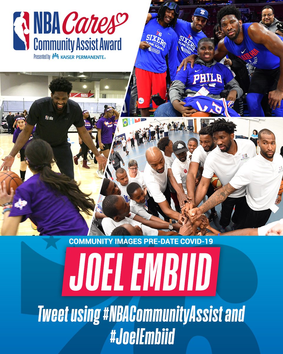 nbacares's tweet photo. .@JoelEmbiid of the @sixers has been nominated for the Season long NBA Cares Community Assist Award pres. by @kpthrive! 

To vote for Joel, retweet this post, or post with #NBACommunityAssist + #JoelEmbiid https://t.co/JhGB7Gvtf9
