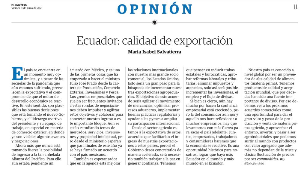 Ecuador: calidad de exportación

Los futuros acuerdos comerciales son la oportunidad para dar el salto desde la producción de materia prima agrícola, aprovechar el entorno, invertir, y llegar a ser agroindustriales 

Comparto mi artículo en <a href="/eluniversocom/">El Universo</a>
 eluniverso.com/opinion/column…