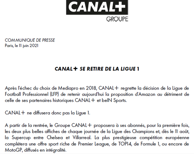 Droits TV : Canal + ne diffusera pas la Ligue 1