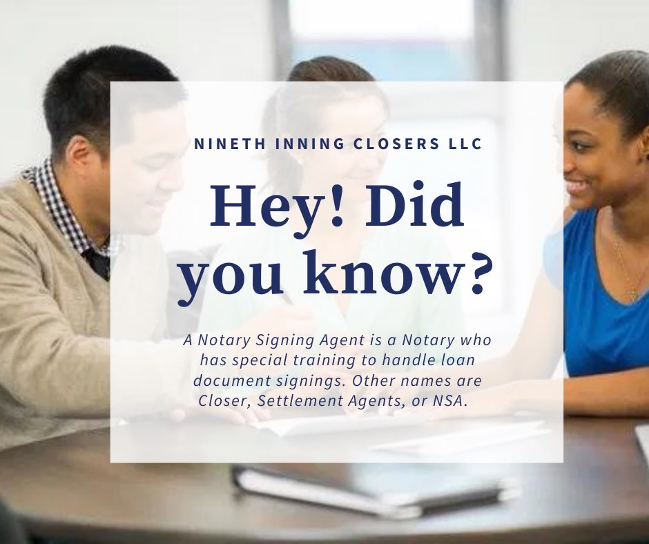ninethinningllc's tweet photo. NSA’s, Closers, and Settlement Agents are all interchangeable terms. #themoreyouknow  #notary #notarypublic #signingageny #nna #realestate #closings #signing #njnotary #njsigningagent #loansigningagent #americannotary #refinance #loans #purchase #titlecompany #follow https://t.co/3SmFwZ7hKC