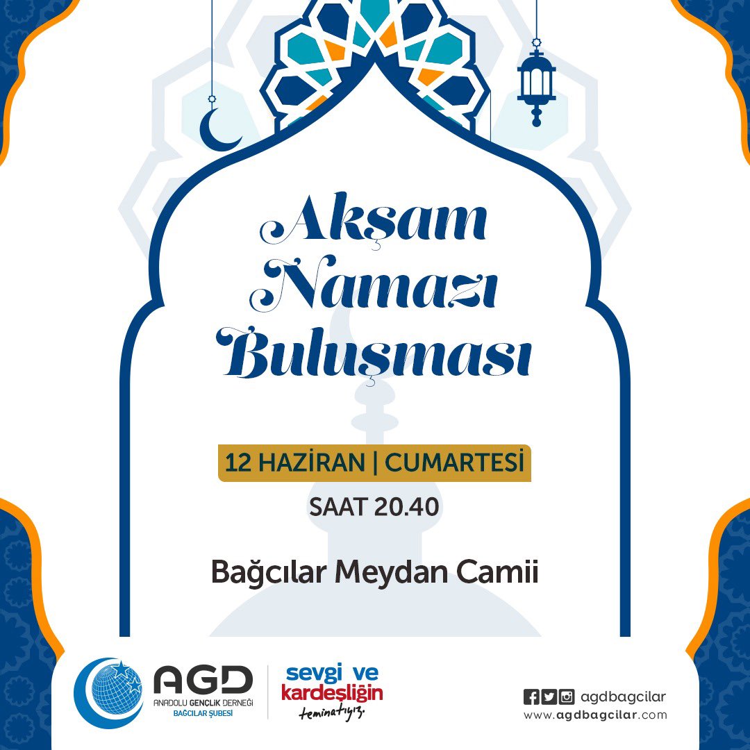 Akşam Namazında Buluşuyoruz.

📍 Bağcılar Meydan Camii
🗓 12 Haziran Cumartesi
⏰ NAMAZ : 20:40

#AGD #MGV