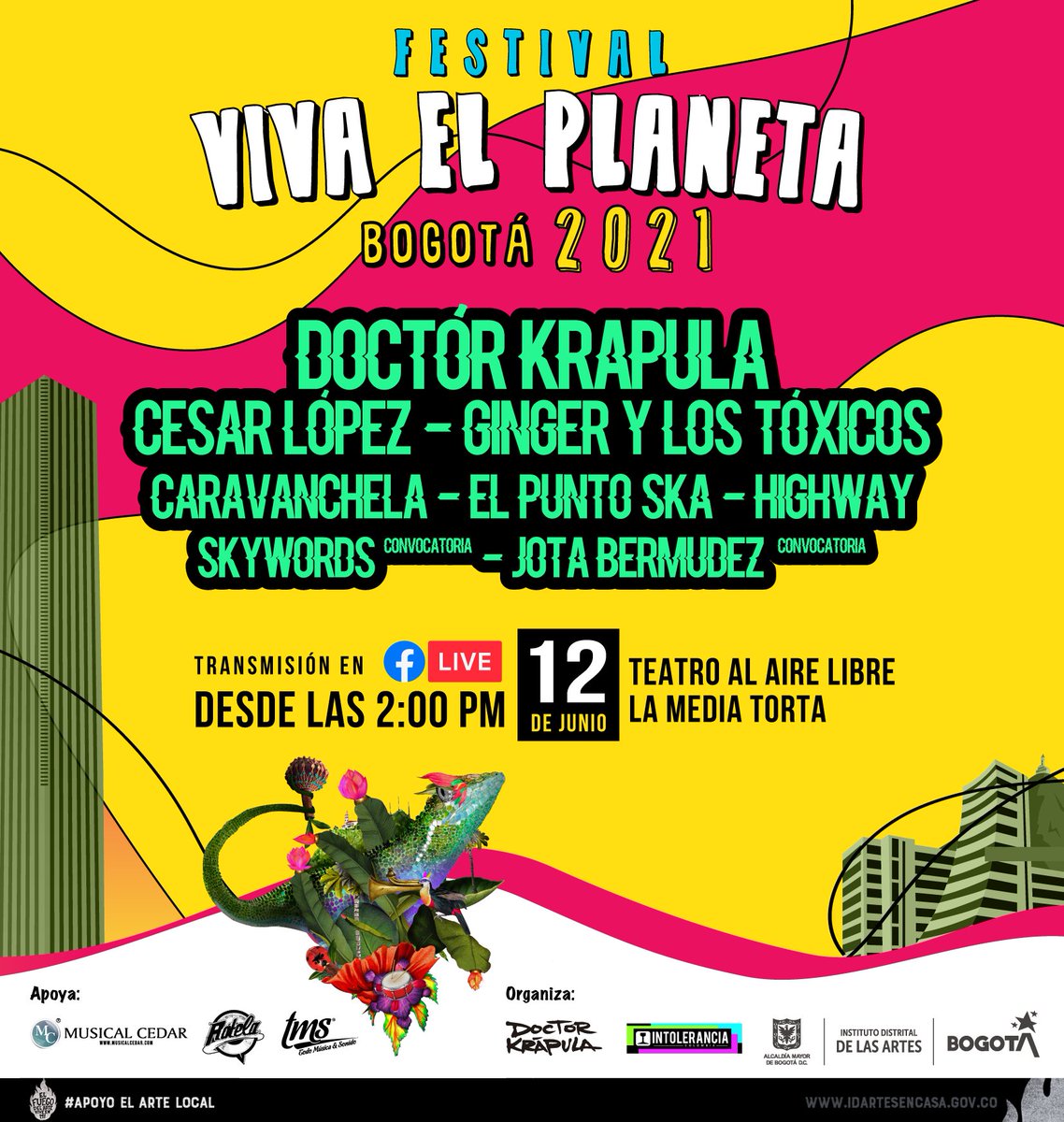 Este 12 de junio llega el Festival <a href="/VivaElPlaneta/">VivaElPlaneta</a> Bogotá. ▶️Transmisión a las 2pm por las páginas de Facebook de bandas y aliados. 

Disfruta de shows de <a href="/DoctorKrapula/">DOCTOR KRAPULA</a> <a href="/cesarlopezmusic/">CÉSAR LÓPEZ</a> <a href="/Caravanchela/">Caravanchela</a> <a href="/ElPuntoSka/">El Punto Ska</a> <a href="/highwaygirlsco/">Highway</a> <a href="/skywords_band/">Skywords</a> @_Jotabermudez