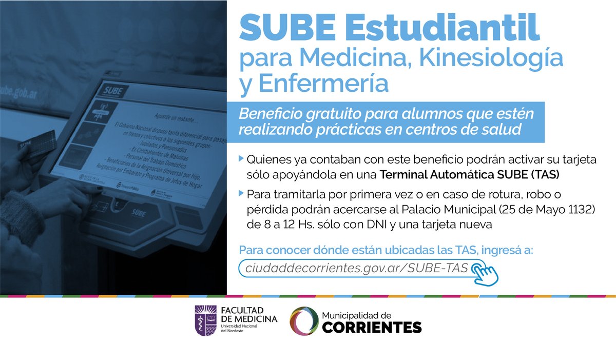 Habilitamos el servicio de SUBE Estudiantil para que alumnos de Medicina, Enfermería y Kinesiología, que estén realizando sus prácticas en los diferentes centros de salud, puedan viajar gratuitamente. La <a href="/fdmunne/">Facultad de Medicina</a> facilitó el padrón y serán 500 los beneficiados 🚌💪🏼