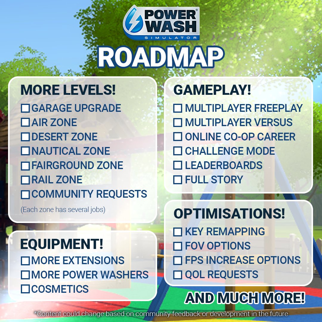 PowerWash Simulator on X: Lots more is coming to PowerWash Simulator!💦  Here's our updated development roadmap for what's being added during Early  Access. That's not all! Based on your feedback, we'll also
