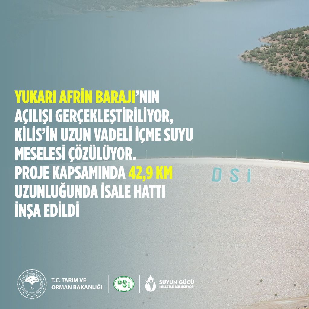 akkadinkaratay's tweet photo. Cumhurbaşkanımız Sayın @RTErdogan'ın açılışını gerçekleştirdiği; 38 milyon m³ depolama kapasitesine sahip, 2050 yılına kadar Kilis'in su ihtiyacını karşılayacak Yukarı Afrin Barajı ve İçme Suyu İsale Hattı ülkemize ve milletimize hayırlı olsun. #SuyunGücüMilletleBuluşuyor https://t.co/gq42JLGVsi
