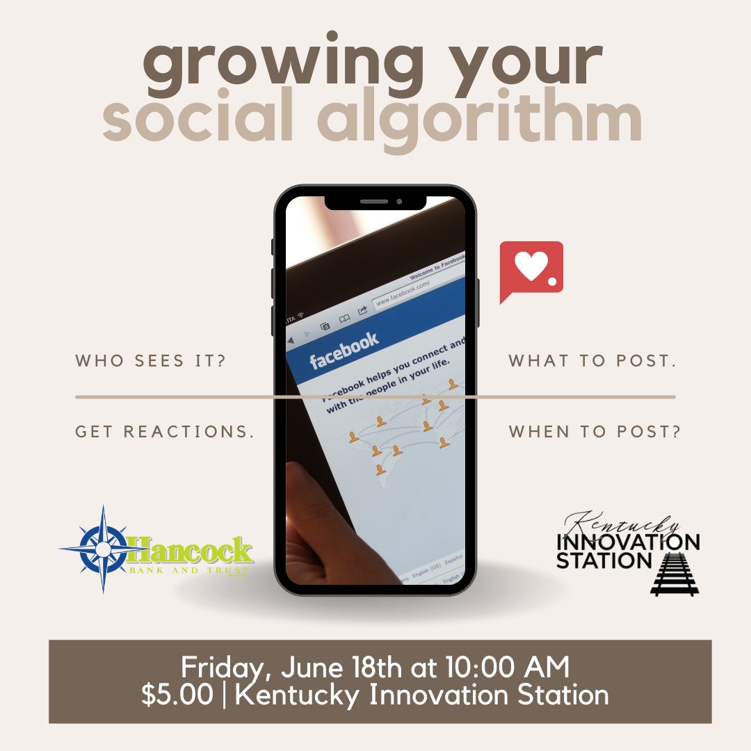 GroWestKY's tweet photo. Are your social media posts getting seen? Learn how to grow your social media algorithm at our next Kentucky Innovation Station Learning Series class on June 18th from 10AM-12PM!

Register online: https://t.co/roMFZrqz0f https://t.co/xGZAVUk2BS