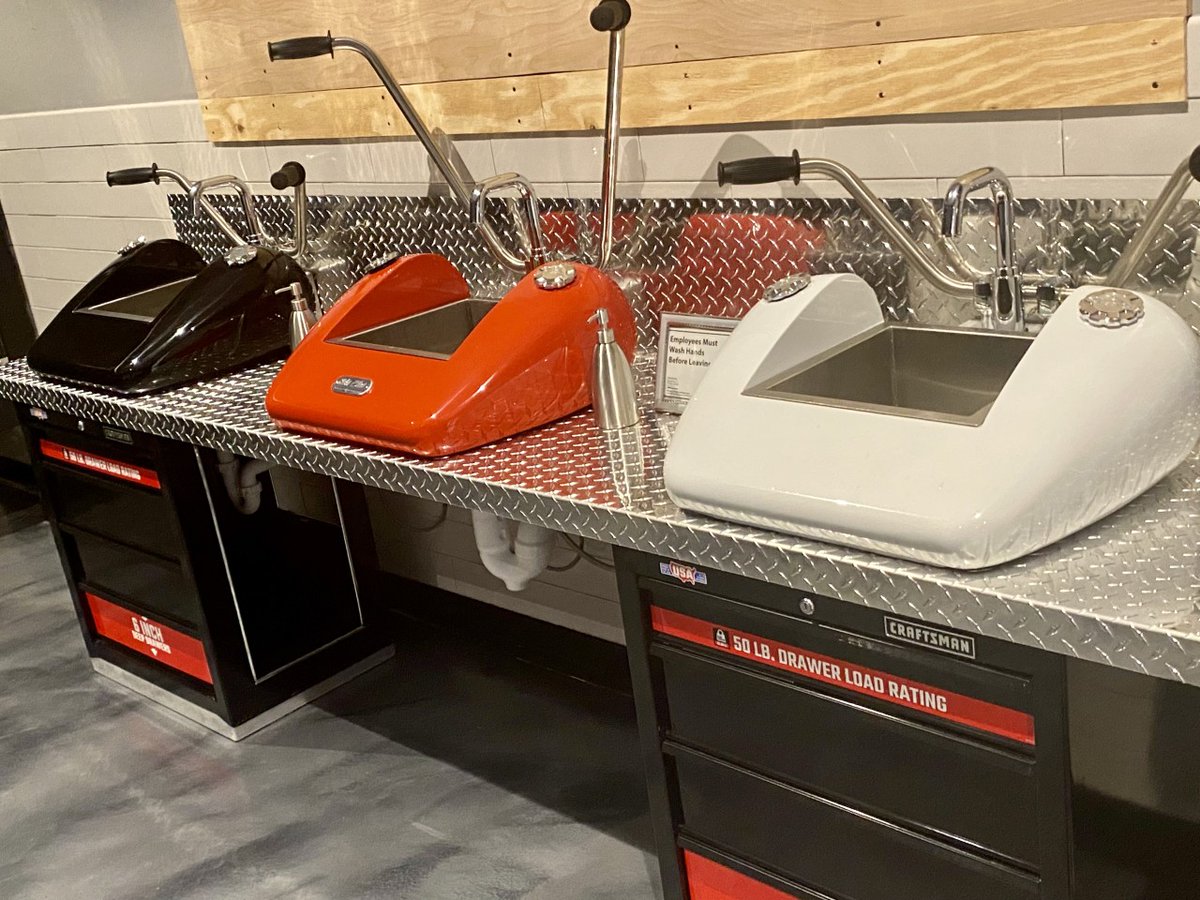 OCChoppers's tweet photo. Cool custom sinks to match our cool custom Choppers! Can you name the bike that’s hanging from the ceiling in the VIP dining room?

#OCC #PaulSr #OCCRoadhouse #RoadhouseNation #CustomSinks #Motorcycles #Choppers #GrandOpening #Florida #WhoDoesItBetter #NextChapter https://t.co/bc5l1QnsOk