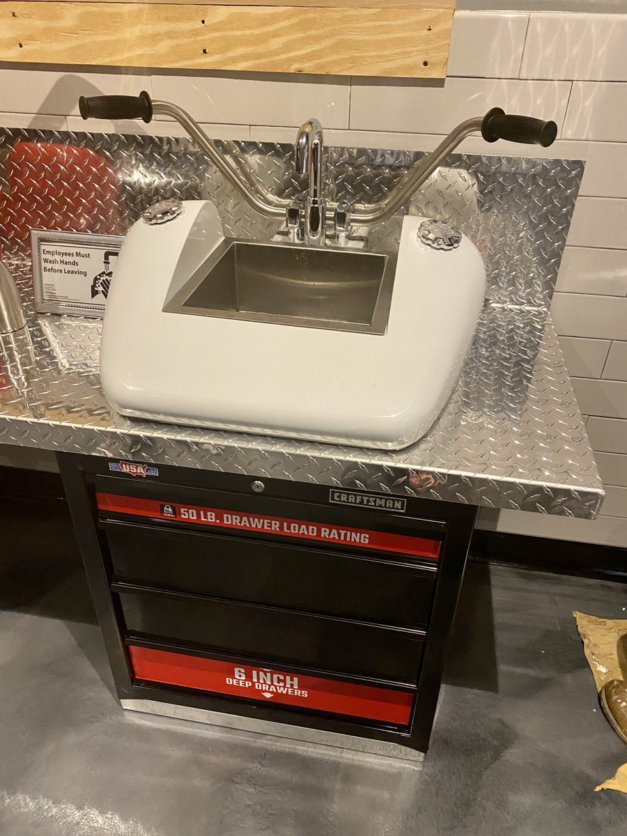 OCChoppers's tweet photo. Cool custom sinks to match our cool custom Choppers! Can you name the bike that’s hanging from the ceiling in the VIP dining room?

#OCC #PaulSr #OCCRoadhouse #RoadhouseNation #CustomSinks #Motorcycles #Choppers #GrandOpening #Florida #WhoDoesItBetter #NextChapter https://t.co/bc5l1QnsOk