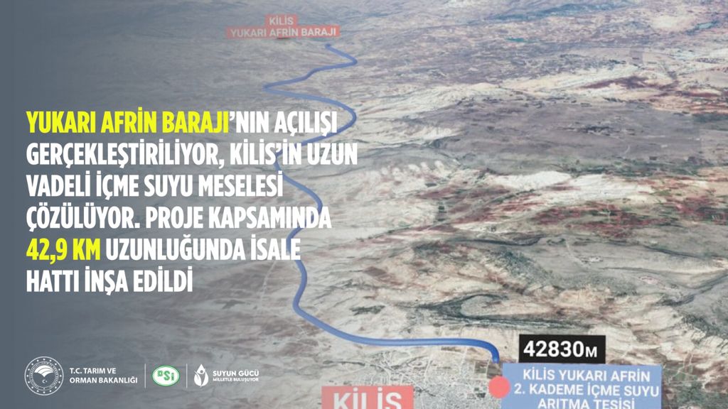 Cumhurbaşkanımız Sayın <a href="/RTErdogan/">Recep Tayyip Erdoğan</a>'ın açılışını gerçekleştirdiği; 38 milyon m³ depolama kapasitesine sahip, 2050 yılına kadar Kilis'in su ihtiyacını karşılayacak Yukarı Afrin Barajı ve İçme Suyu İsale Hattı ülkemize ve milletimize hayırlı olsun. #SuyunGücüMilletleBuluşuyor