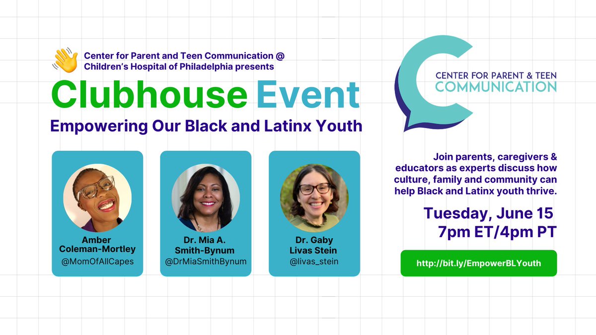 Can’t wait for this <a href="/parentandteen/">Center for Parent and Teen Communication</a> <a href="/Clubhouse/">Clubhouse</a> event w/ <a href="/MomOfAllCapes/">MomOfAllCapes</a> <a href="/DrMiaSmithBynum/">Mia Smith Bynum PhD</a> <a href="/livas_stein/">Gabriela Livas Stein</a> - Join parents/caregivers &amp; educators as experts discuss how culture, family and community can help Black and Latinx youth thrive. bit.ly/EmpowerBLYouth…