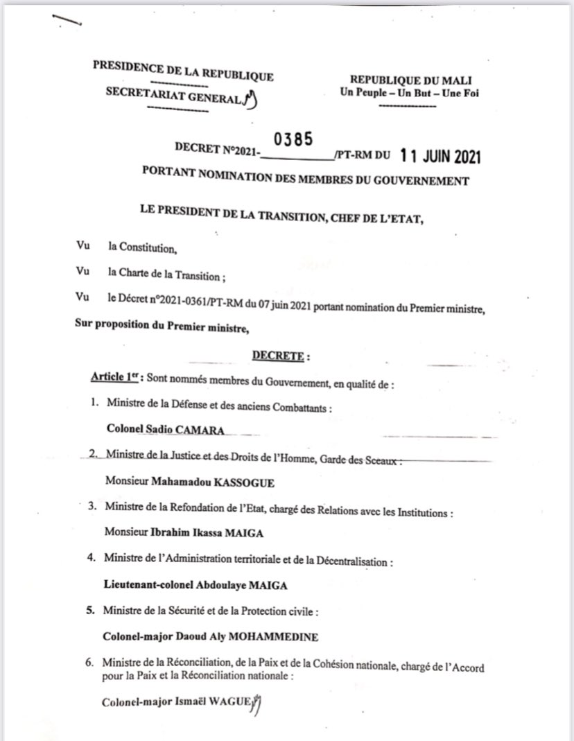 Malijet La liste des membres du gouvernement de Dr Choguel Kokalla Maïga