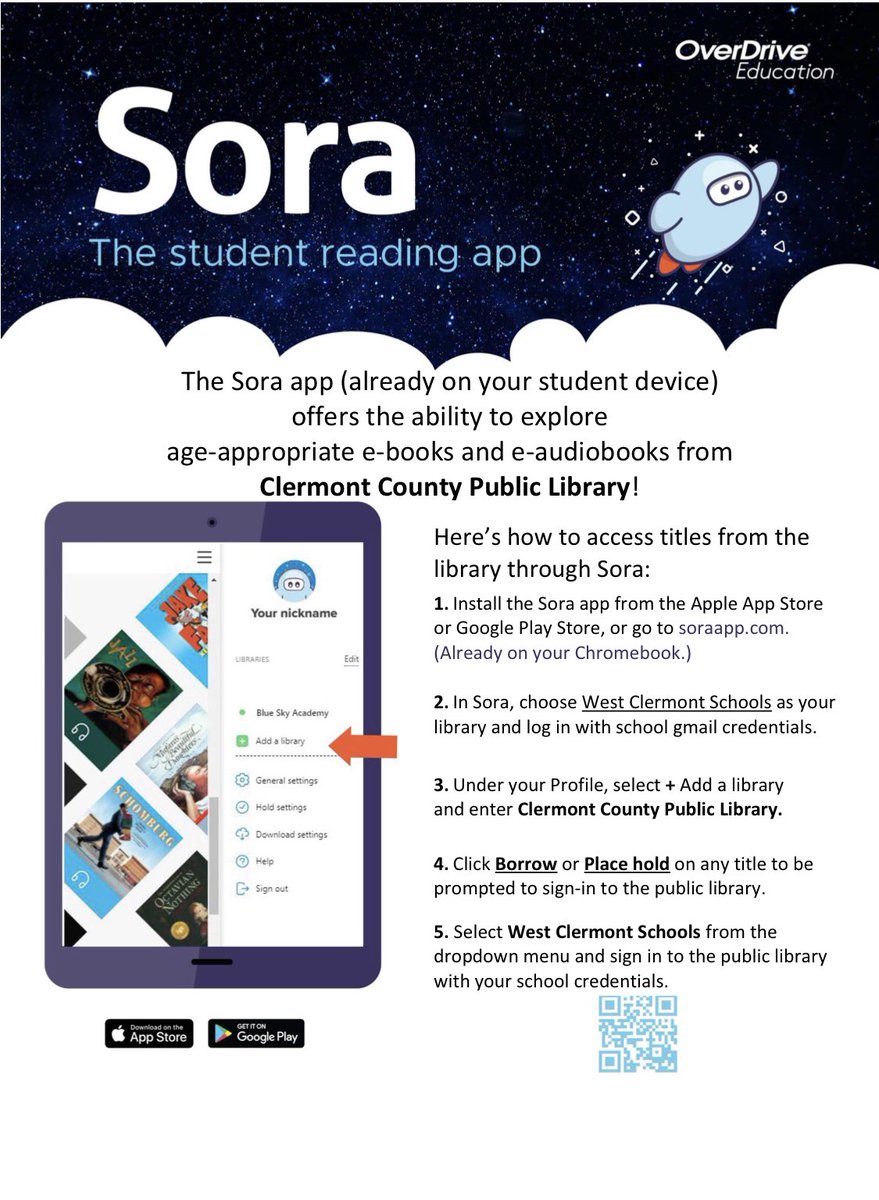 WCbookmobile's tweet photo. @WestCler students can use SORA to read all summer long! Here’s how! #WClearns #WCconnects #WCcares We have a great partner in @clermontlibrary! 📚♥️😊👏🏼🥳 https://t.co/v8PYqixXED