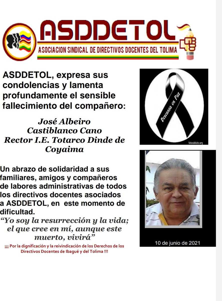 Asddetol lamenta el fallecimiento de nuestro compañero rector. 10 de junio de 2021.