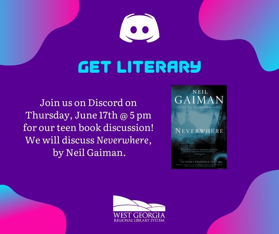 Join us on Discord on Thursday @ 5 pm to discuss Neverwhere by <a href="/neilhimself/">Neil Gaiman</a>! Link in bio.

#westgeorgiaregionallibrary #westgeorgia #westga #georgialibraries #librarian #read #reading #book #booklover #booknerd #carrolltonga #carrollcounty #douglasvillega #pauldingcounty