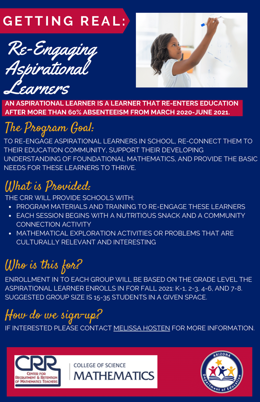 azedschools's tweet photo. In partnership with @uarizonaCRR, we're excited to offer the Re-engaging Aspirational Learners program. Schools will be equipped to support the understanding of foundational mathematics of aspirational learners, who were absent over 60% of school days from March 2020-June 2021. https://t.co/kC2cv2uPI9