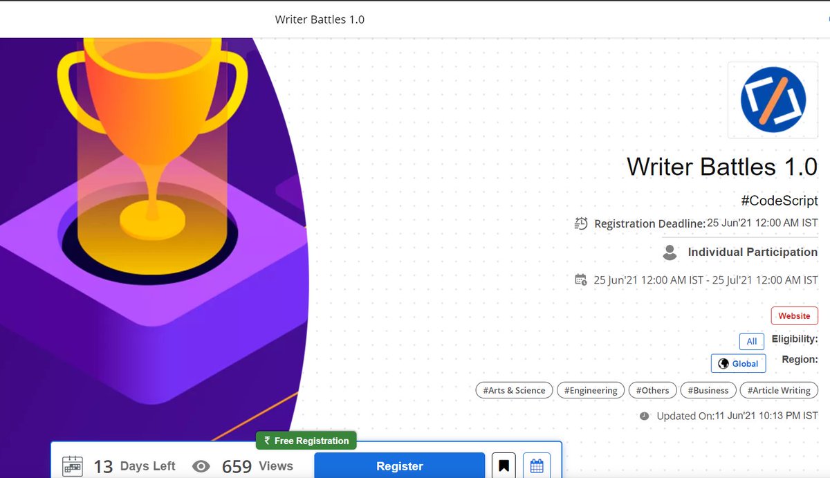 CodeScripts's tweet image. Eligibility:
Anyone can participate.
Register Here: bit.ly/35bEMHr
#learning #students #opportunity #education #writing #edtech #codescript #challenge #blogs #articles