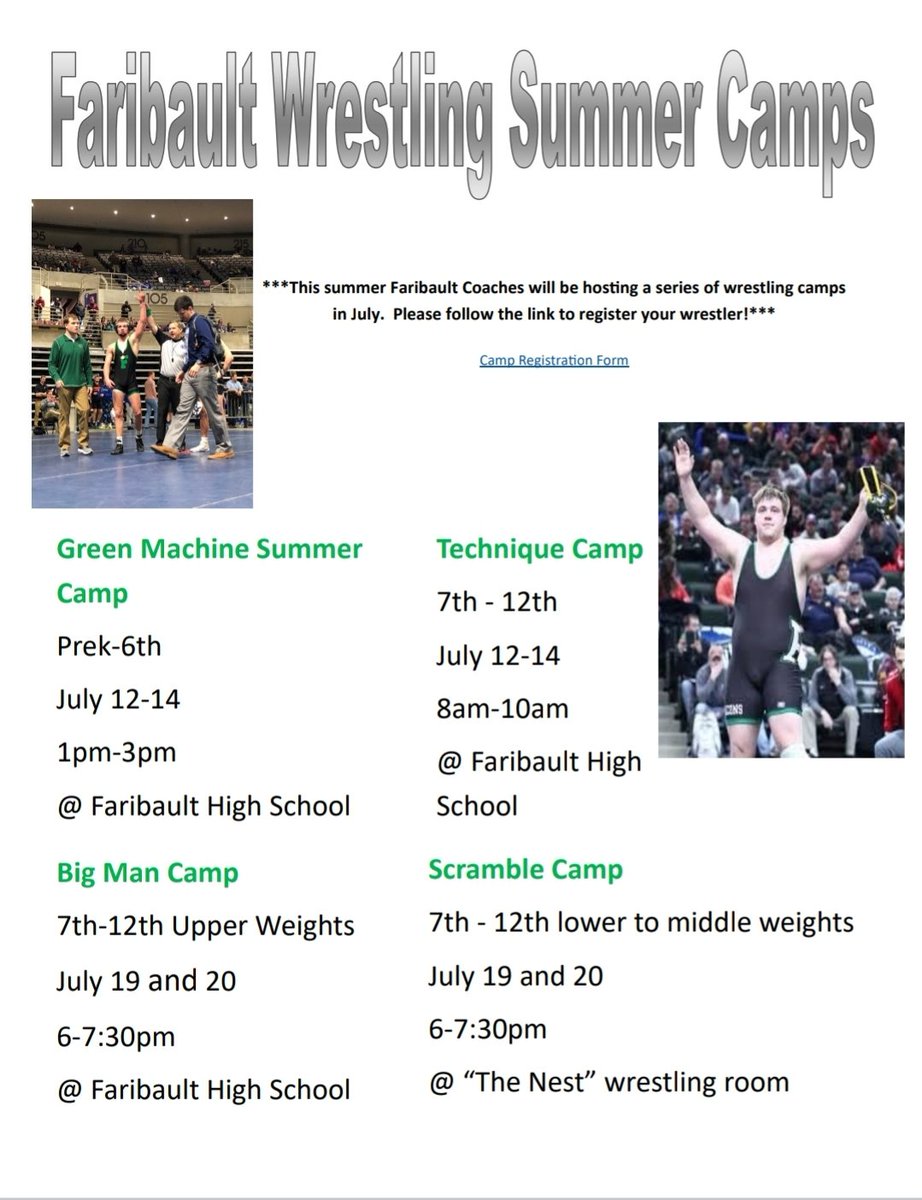 Summer Wrestling Camps!
Follow the link to register!

forms.gle/NoKAhdrziCN8Cr…