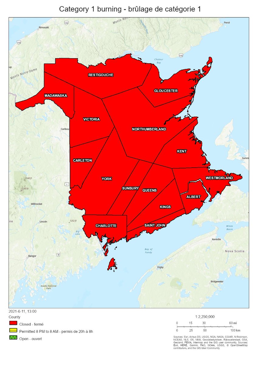 NBForestFires's tweet image. Burning conditions are valid from 2 PM June 11th to 2 PM June 12th.
All counties are closed for burning