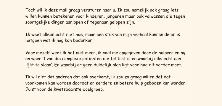 Op 24 april kreeg ik een indrukwekkende mail van Nomie.

Het bleek een afscheidsbrief te zijn.

Vandaag sprak ik haar vader <a href="/Rutger_76/">Rutger Jongejan</a> over de wens van Nomie: dat andere jongeren wél passende hulp krijgen. 

Dank voor dit gesprek Rutger. We blijven doorzetten, voor Nomie ❤️