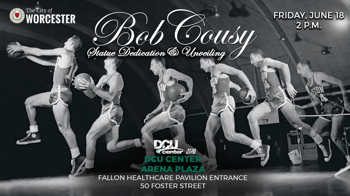 Join the @TweetWorcester  for a Bob Cousy statue dedication on Friday, June 18, 2 p.m., at @DCUCenter. Cousy has called Worcester his home for more than 70 years. We are proud to erect this statue, sculpted by Omri Armany, in his honor. 

Details at https://t.co/aWziD26YUh https://t.co/ZONwlCWkyo