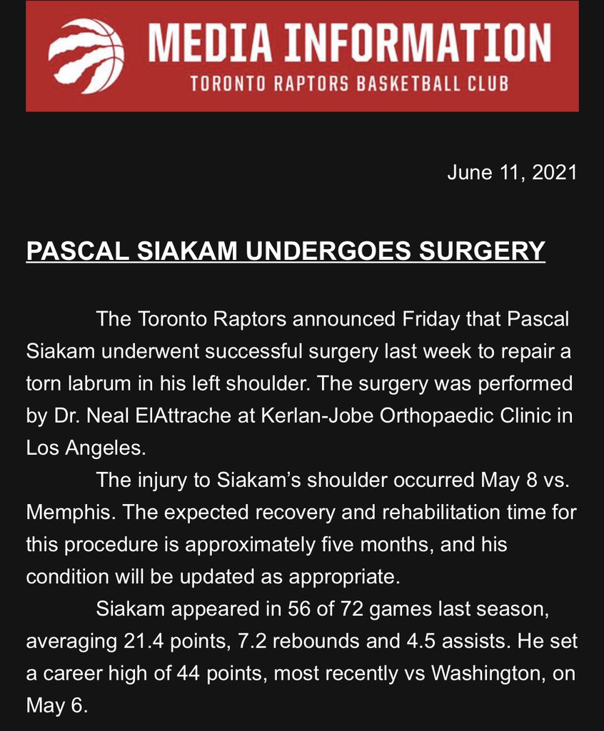 [情報] Pascal Siakam 順利完成手術