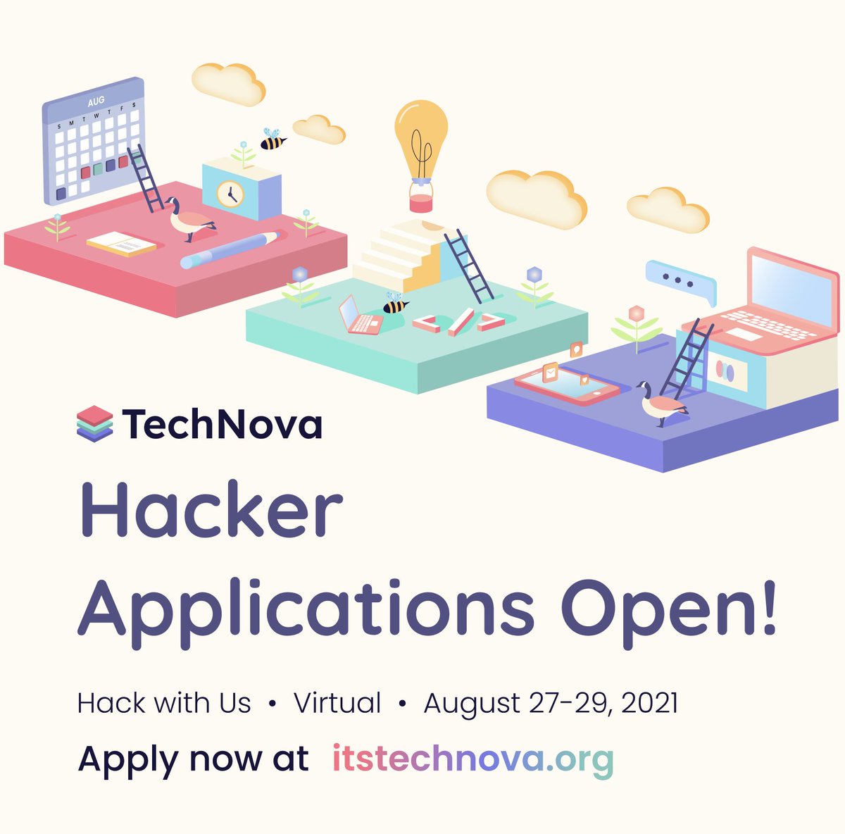 📆Event : Applications Open for University of Waterloo’s first Global Women+ in Tech Hackathon 🎉
👤Who : Women+ Non-binary Students 
Experience Required : None ❤️
Where : Virtual
When : August 27-29, 2021 
Apply: itstechnova.org ✨