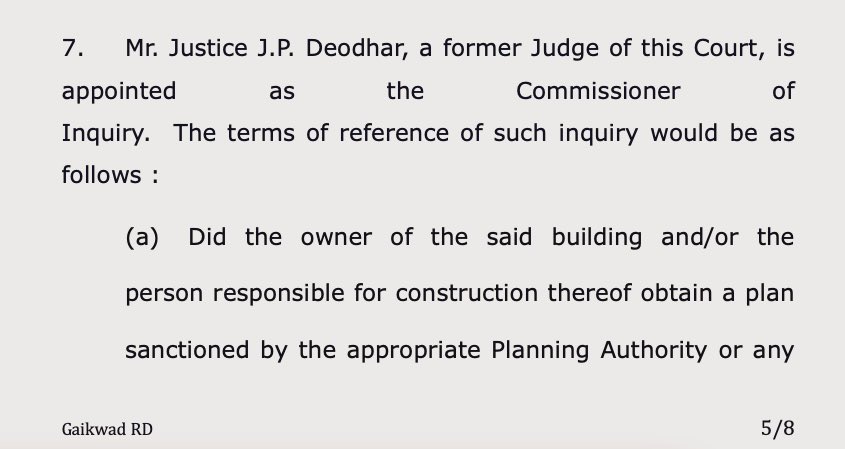 barandbench's tweet photo. #BombayHighCourt has appointed Justice JP Deodhar, former judge of the High Court as Commissioner of Inquiry for the #MaladBuildingCollapse https://t.co/CF3Kdwl5pO