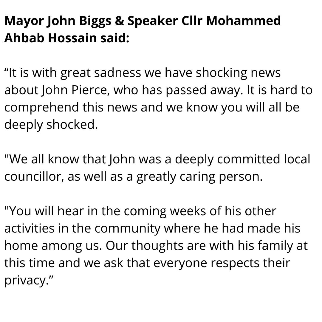 TowerHamletsNow's tweet photo. Very sad news. A statement from @MayorJohnBiggs and Speaker of the Council, Councillor Mohammed Ahbab Hossain. https://t.co/GQxztHbSzs