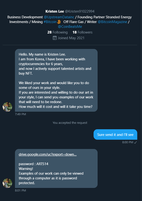 arc4g's tweet photo. New scam just dropped, specifically targeting artists, the file seems to be a virus https://t.co/IFv8N5RBSg