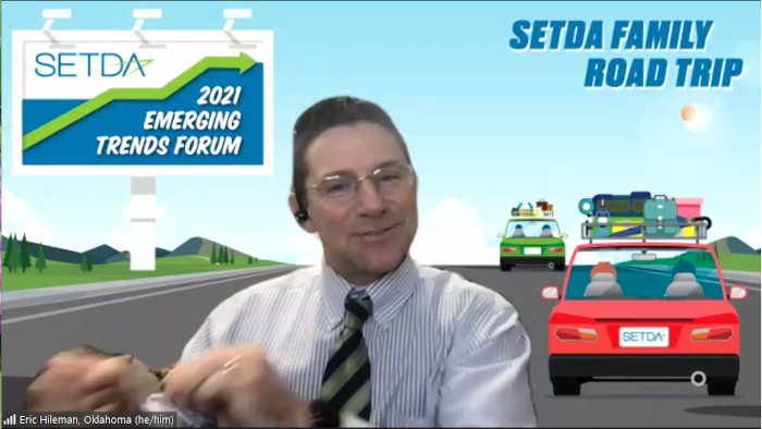 StanFreeda's tweet photo. @SETDA Board Chair, @eshileman at the opening session of our #SETDA Emerging Trends Forum. #NHEdTech #EdTech  #SETDARoadTrip #EricRocks https://t.co/sPVzAFEPhF