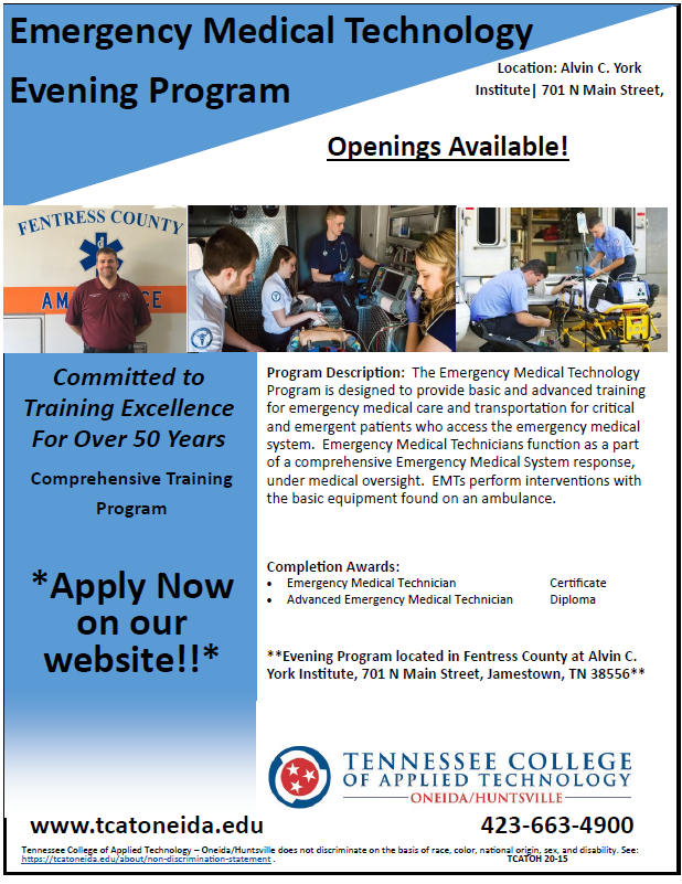 TCATOneida's tweet image. Interested in our EMT programs? We have two evening programs available for our students starting on September 1st! One class will be taught at York Institute in Fentress County and the other will be taught at our campus in Oneida. Call 423-663-4900 today or apply online!
