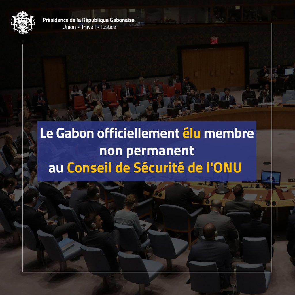 Le #Gabon a été élu ce jour membre non permanent du Conseil de sécurité de l'#ONU.
C'est une grande victoire diplomatique mais également une lourde responsabilité.
Le Gabon ne ménagera aucun effort pour participer à l'effort de #paix, d'#équilibre et de #stabilité de notre monde.