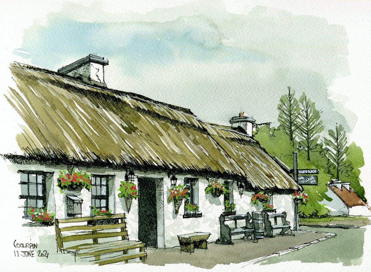 DelSale's tweet photo. Today's sketch is of one of the few surviving thatched pubs in Ireland.

This is Sheeran's in Coolrain, County Laois. The viewpoint is at what3words location smart.bathing.relying

#inkjune  #sketchaday https://t.co/U4rkKo8W2s